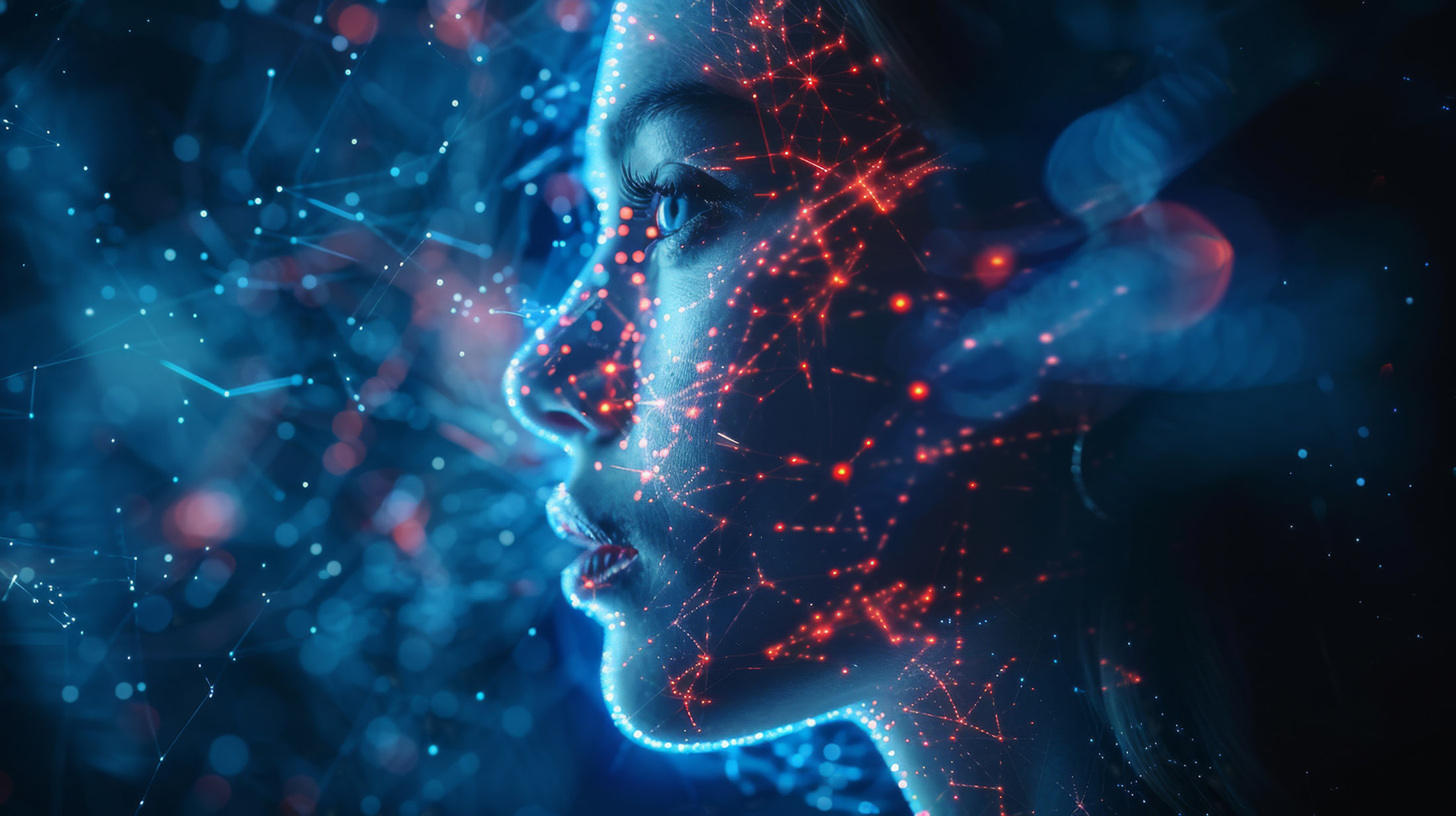 Profile of a woman's face illuminated by digital light patterns,