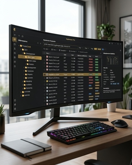 Moniteur incurvé affichant l'interface Explorateur Pro